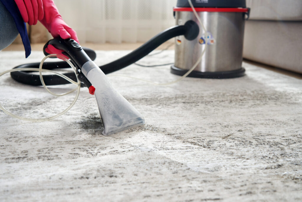 Human Cleaning Carpet In The Living Room Using Vacuum Cleaner At Home